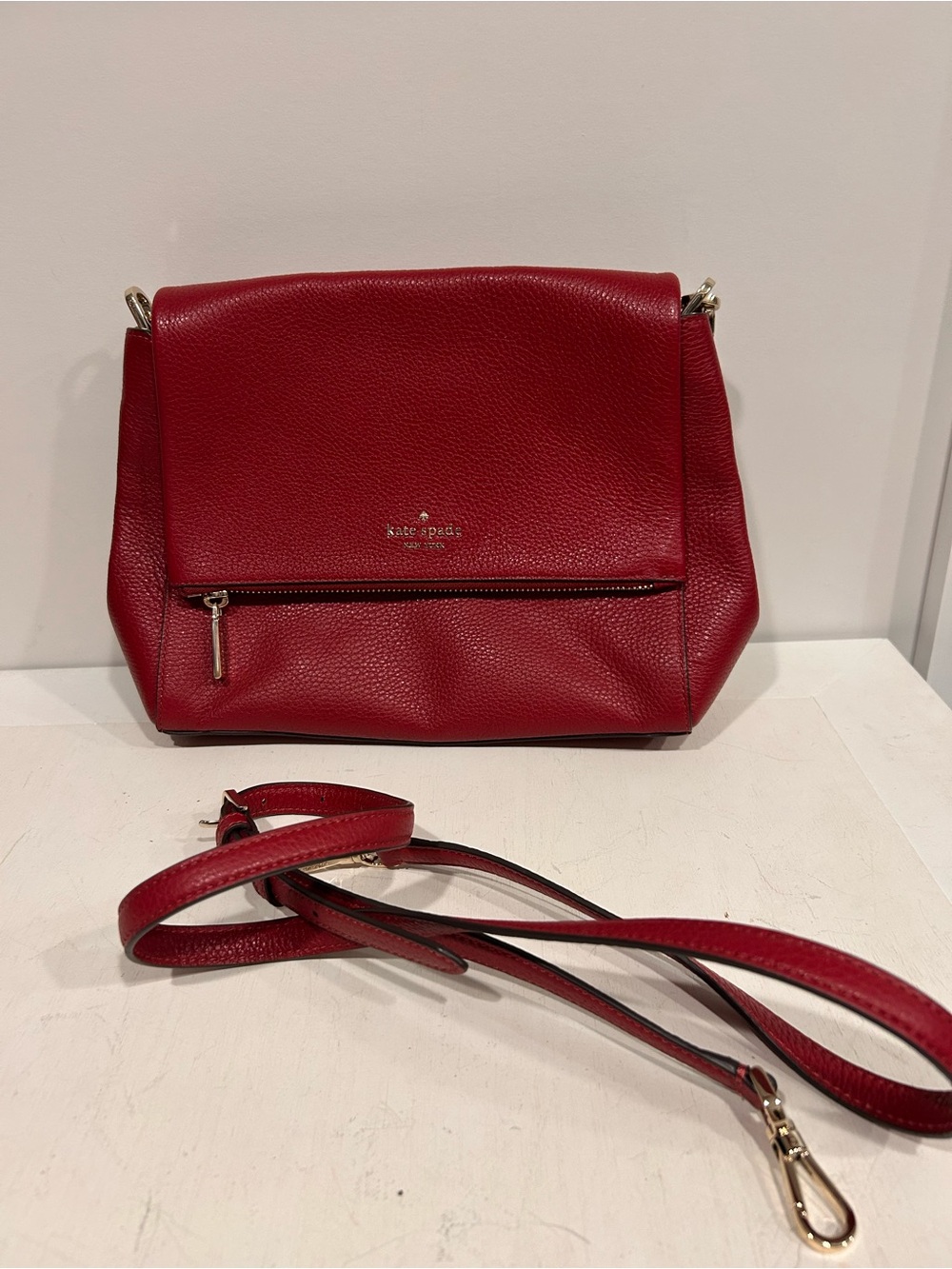 kate spade Red Pebbled Leather Flap Crossbody with Front Zip